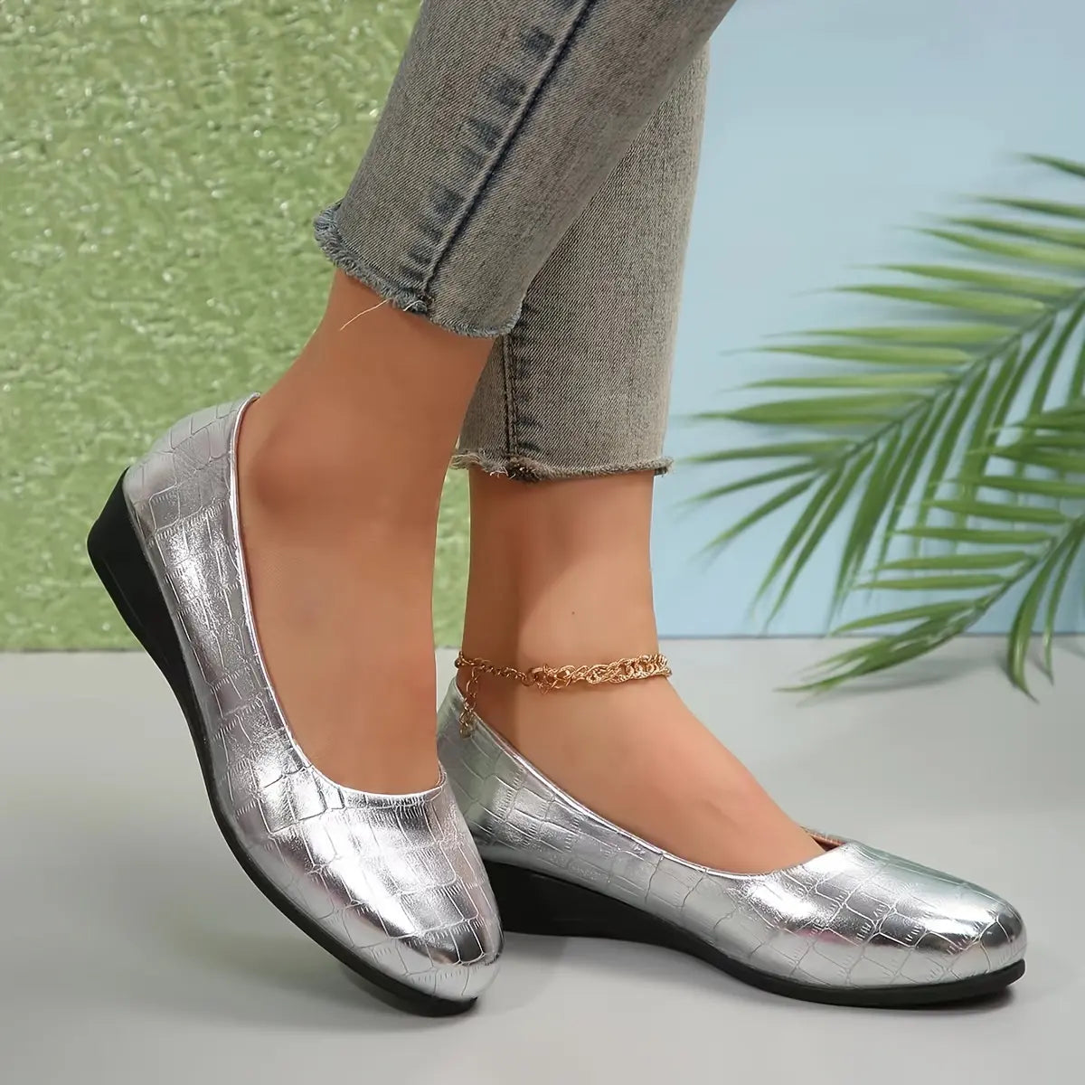 Rebekah - Wedge Heel Croc Pattern Court Shoes