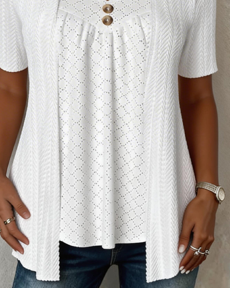 Shilina | Patchwork Square Neck Short Sleeve Blouse