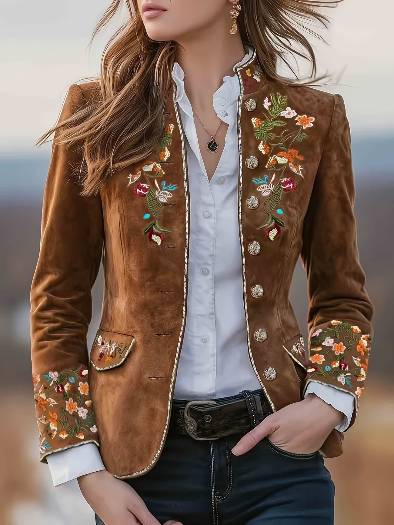 Anisaa | Embroidered Long Sleeve Stand Collar Jacket