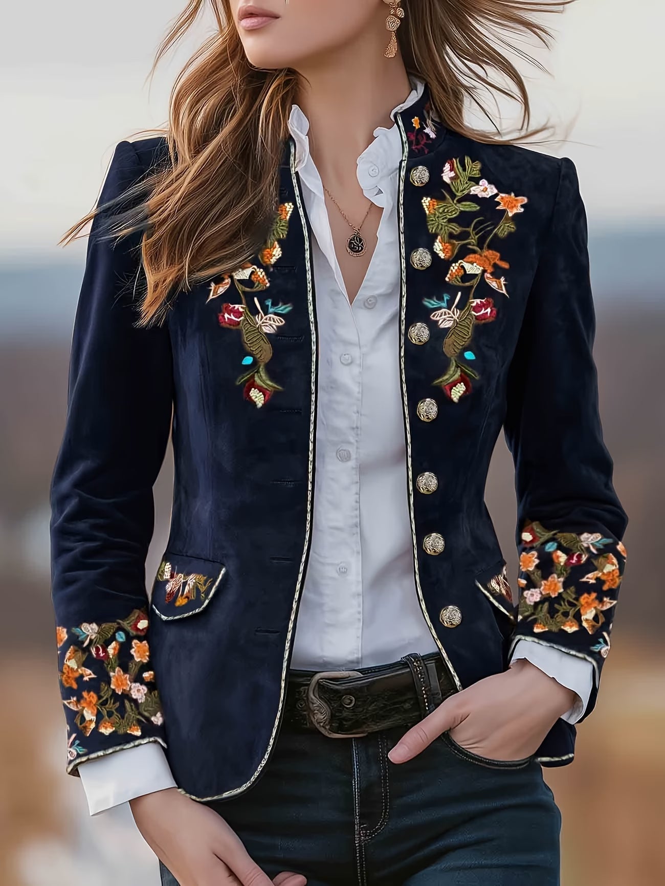 Anisaa | Embroidered Long Sleeve Stand Collar Jacket