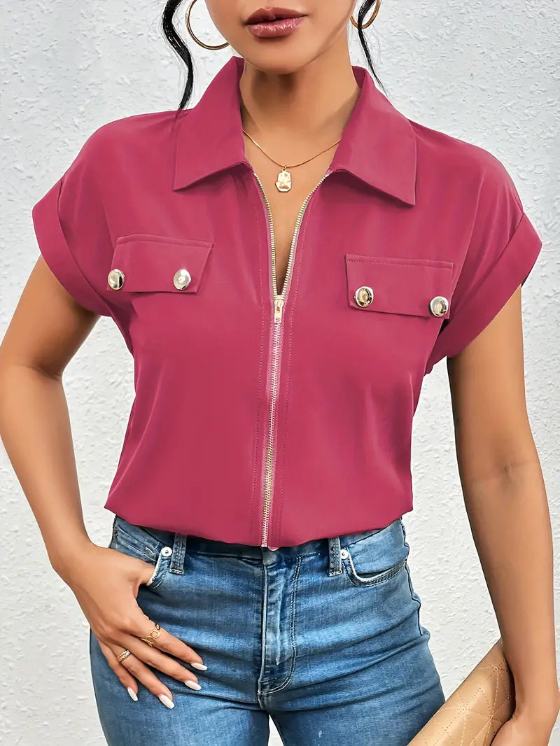 Alfano | Zip Front Collared Short Sleeve Blouse