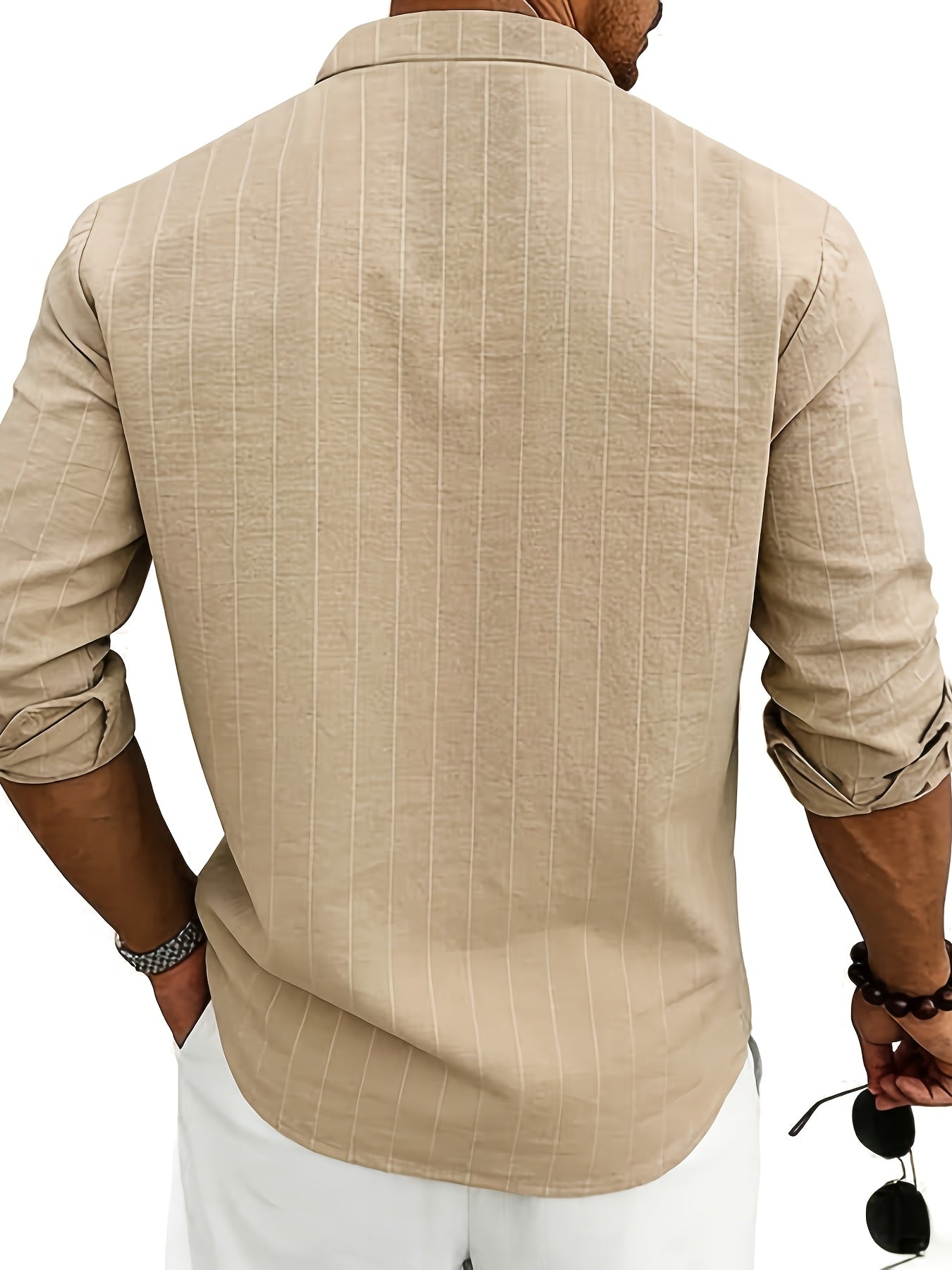 Leslie | Striped Band Collar Button Shirt