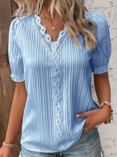 Madelen | V Neck Lace Trim Pleated Blouse