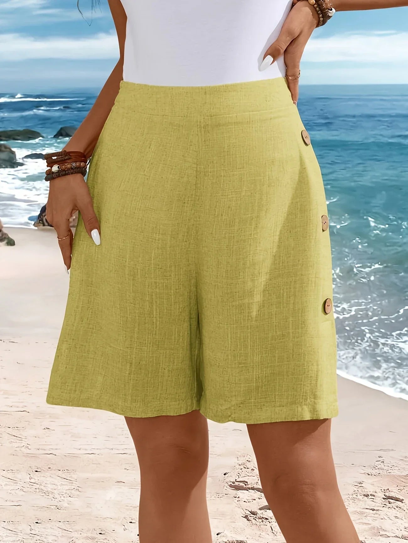 Fenella | High-Waisted Button Detail Knee-Length Shorts