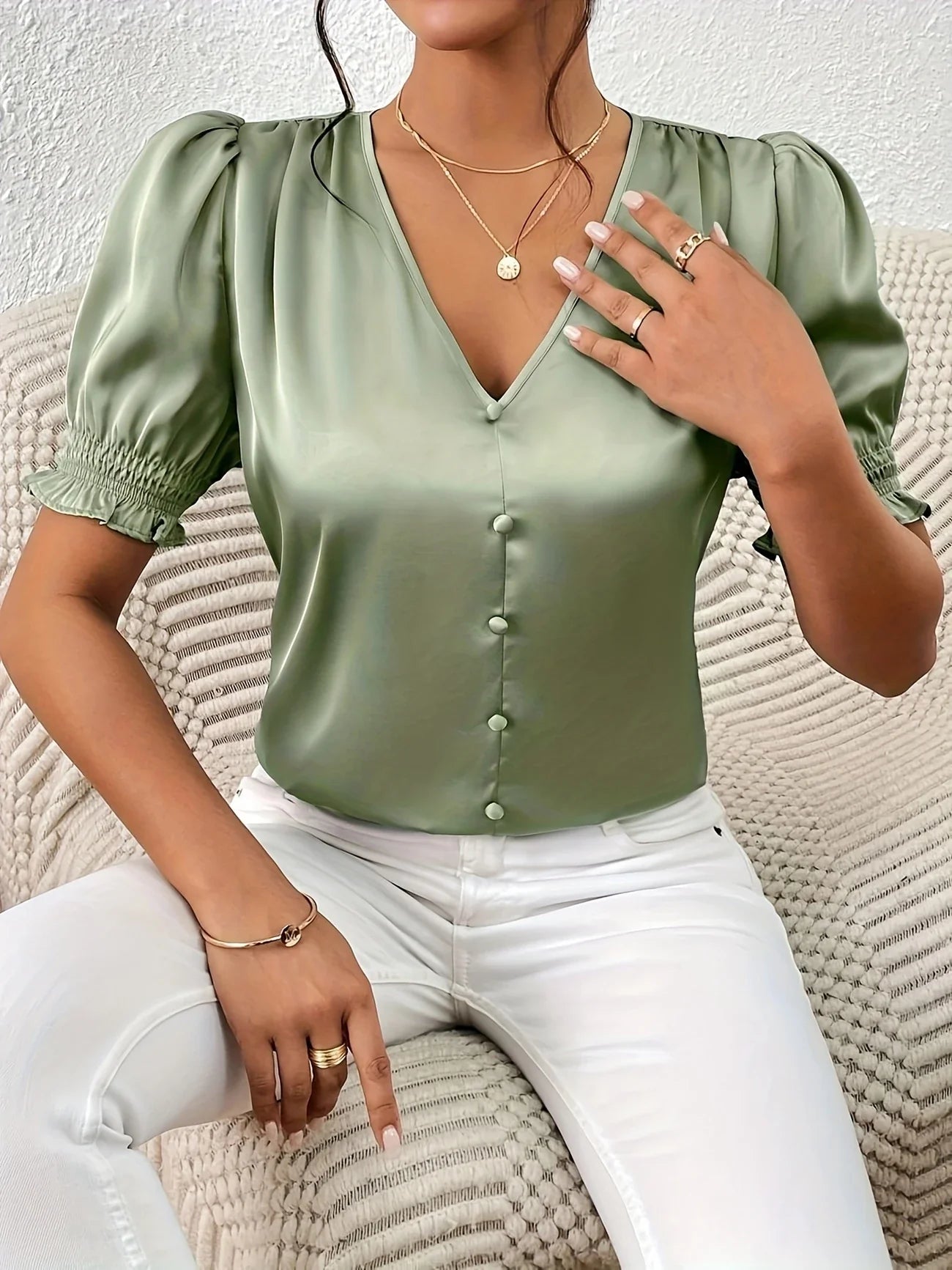 Abella | Puff Sleeve V-Neck Button Blouse