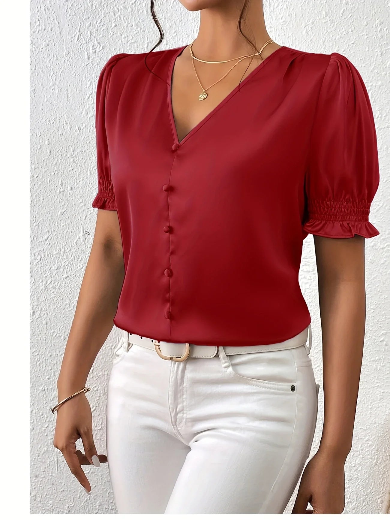 Abella | Puff Sleeve V-Neck Button Blouse