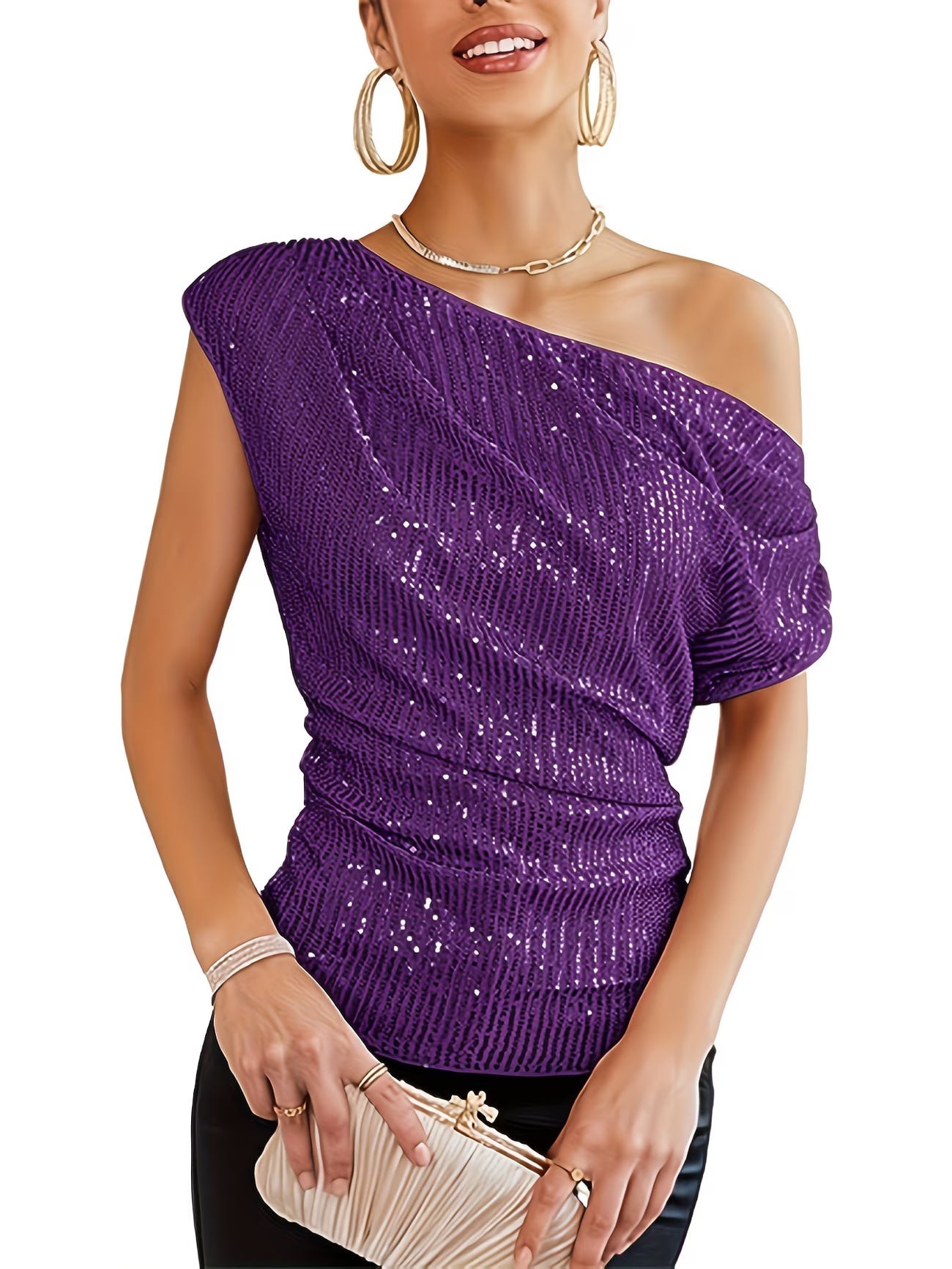 Jhasel | Sequin One Shoulder Ruched Blouse
