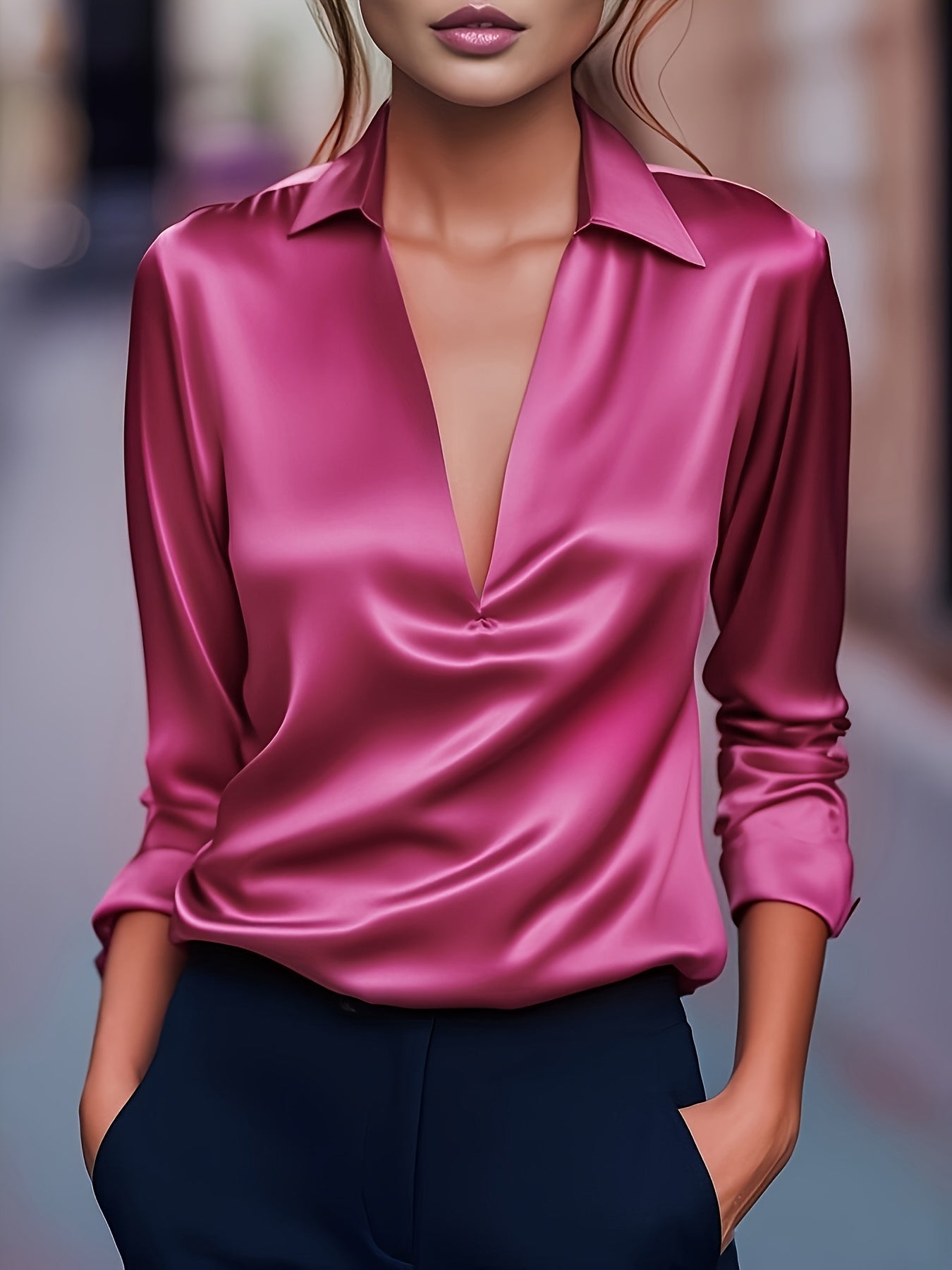 Kyrra – Satin V Neck Long Sleeve Blouse