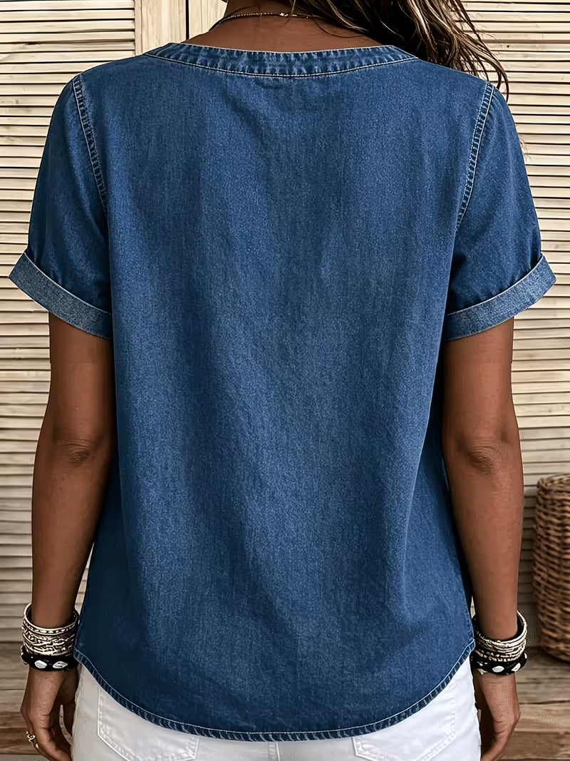 Ferina | Denim Style Short Sleeve Button Top