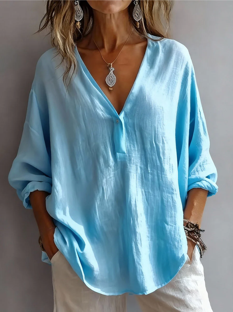 Melna - V Neck Loose Fit Long Sleeve Blouse