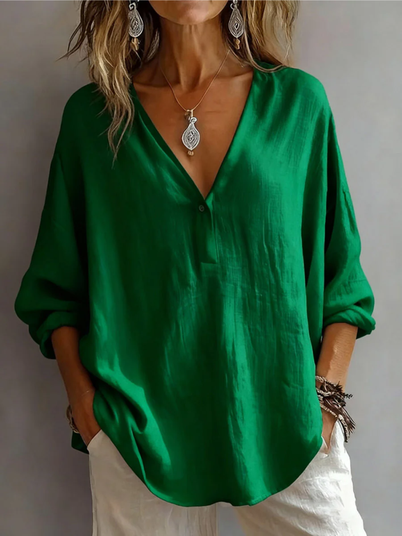 Melna - V Neck Loose Fit Long Sleeve Blouse