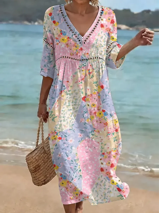 Lyanna | Floral V-Neck Mid Sleeve Maxi Dress