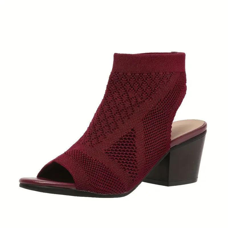 Velina | Black Knitted Peep Toe Block Heel Sandals
