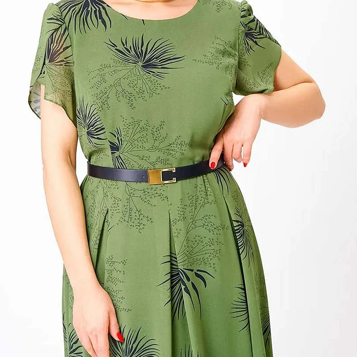 Basma | Green Leaf Print Short Sleeve Midi Dress
