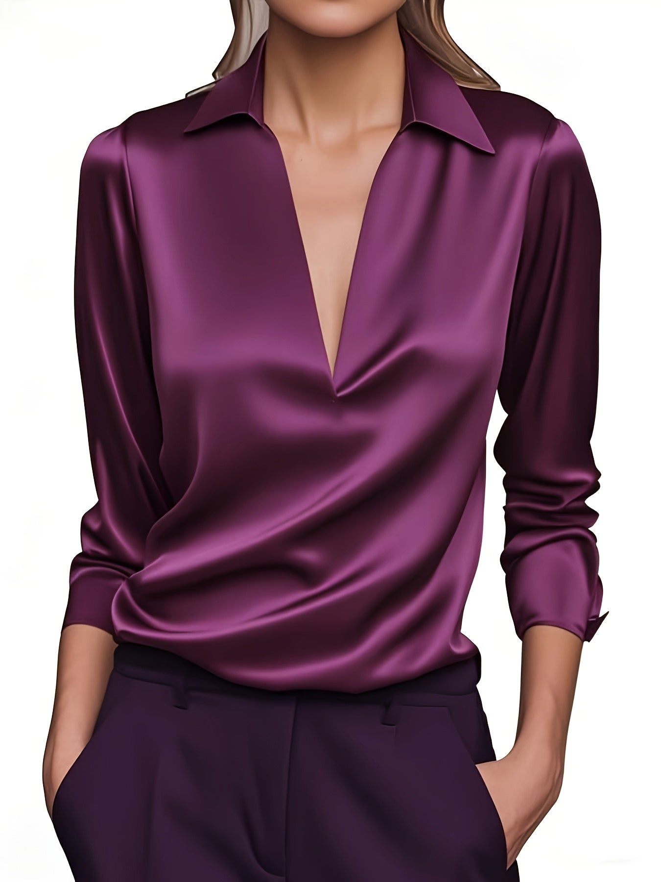 Kyrra – Satin V Neck Long Sleeve Blouse