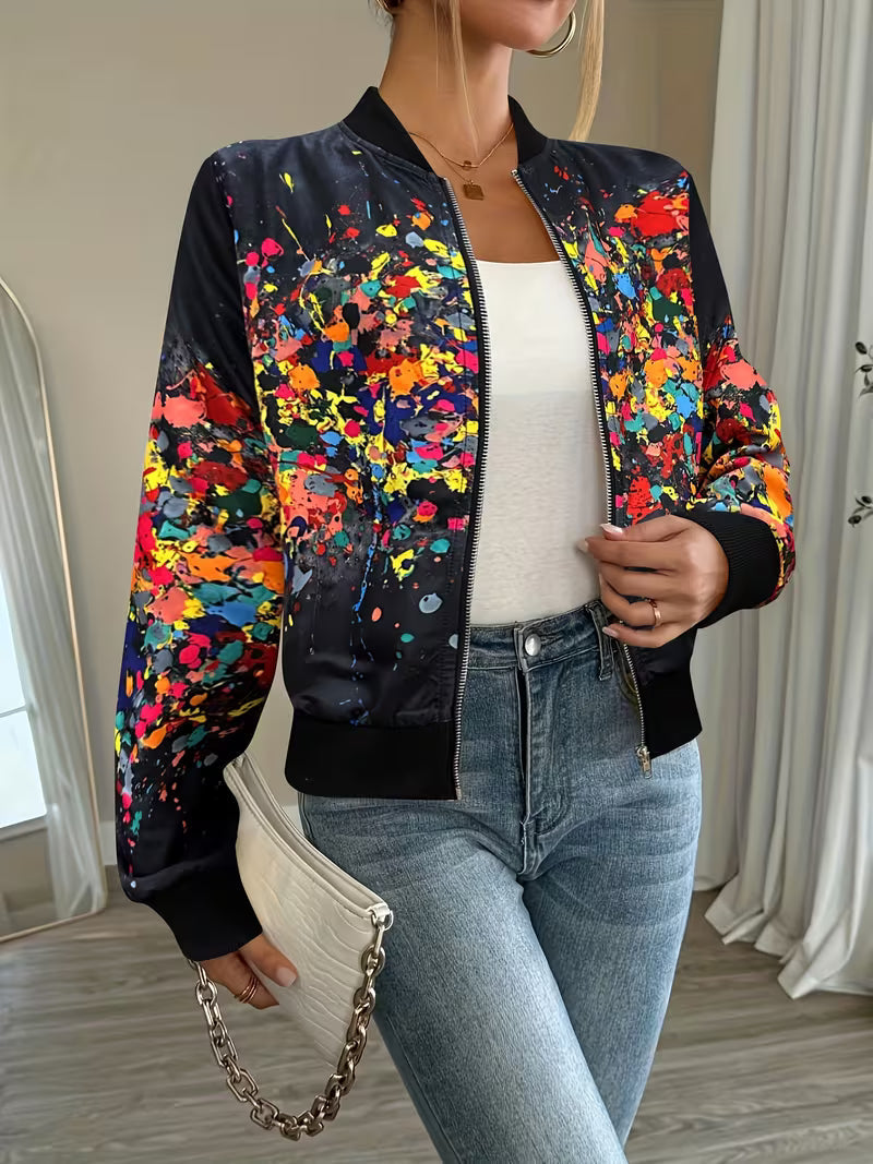 Deloova | Abstract Print Bomber Jacket with Zip Front
