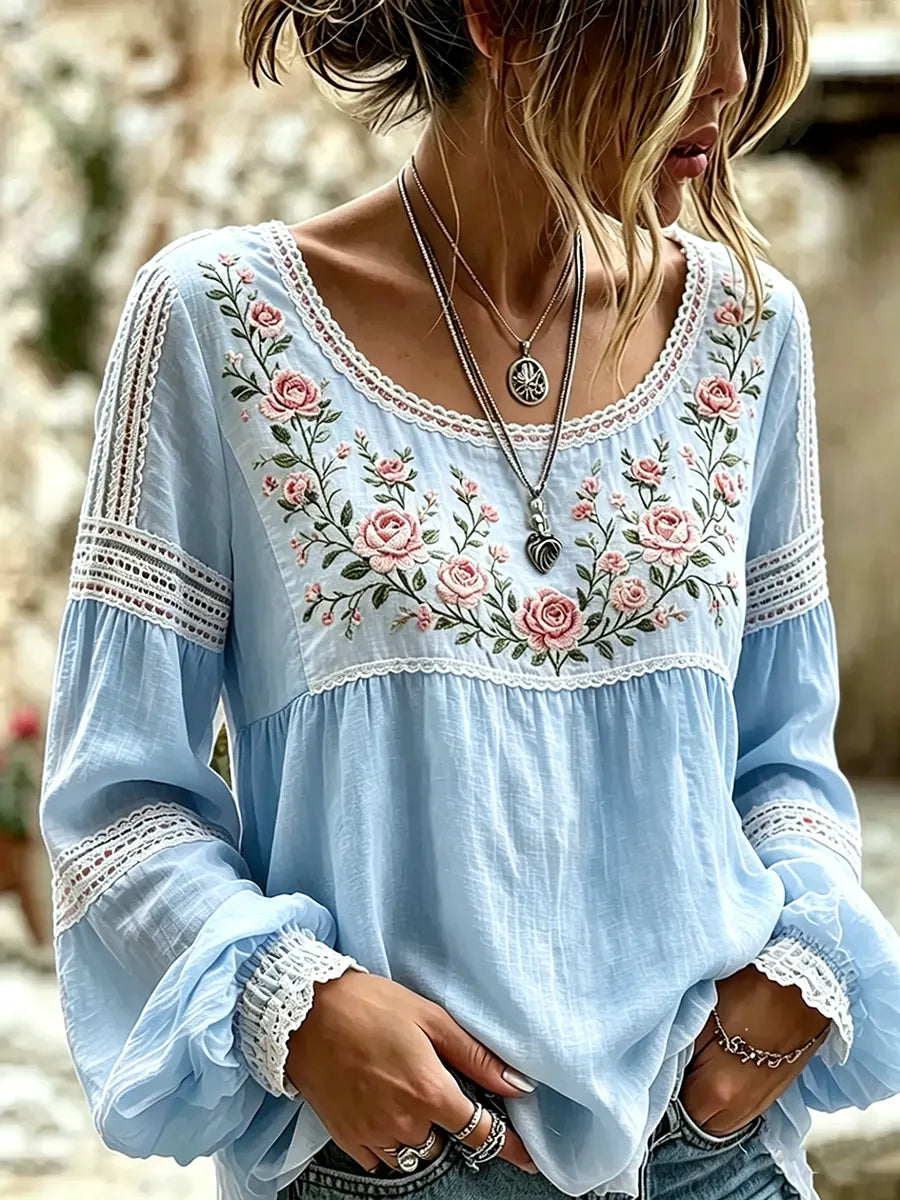 Esraa | Floral Embroidered Lace Trim Blouse