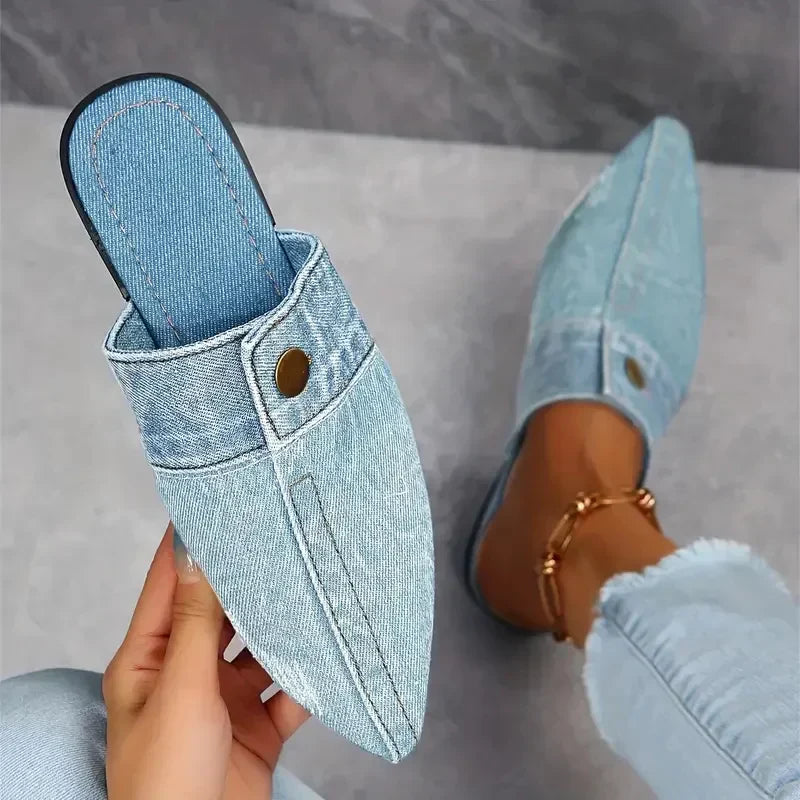 Evropi | Pointed Toe Denim-Style Slip-On Mules