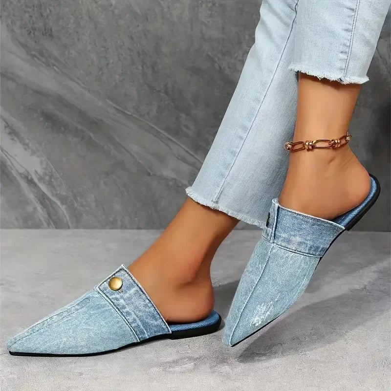 Evropi | Pointed Toe Denim-Style Slip-On Mules