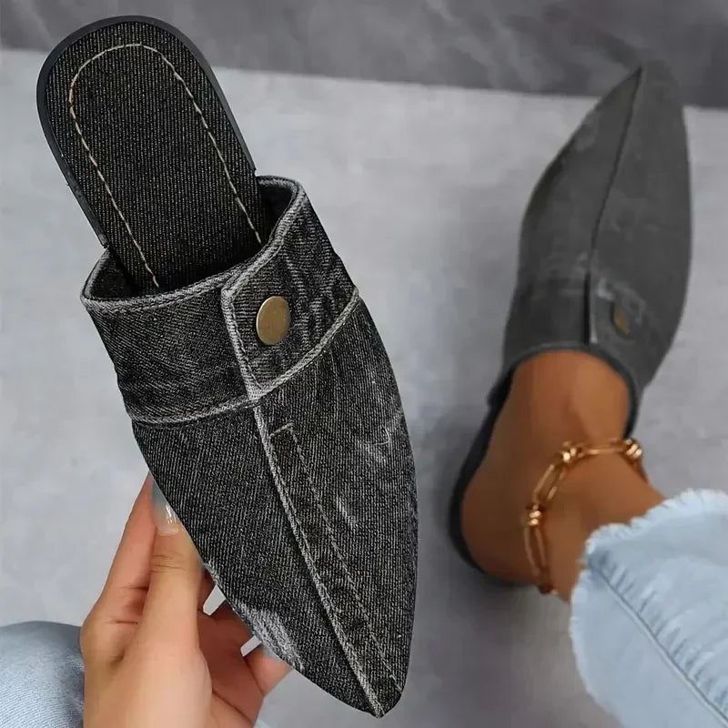 Evropi | Pointed Toe Denim-Style Slip-On Mules