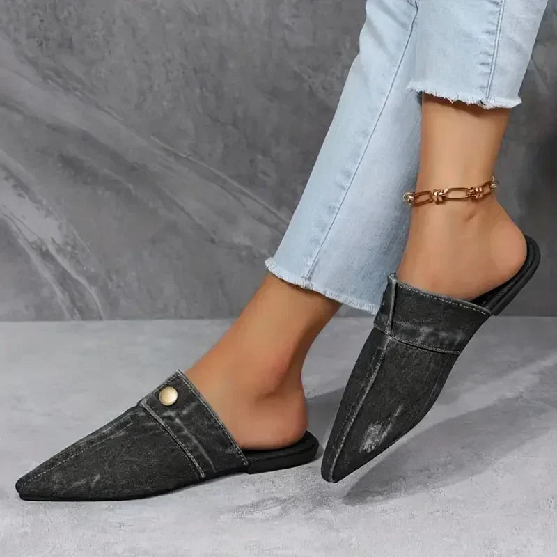 Evropi | Pointed Toe Denim-Style Slip-On Mules