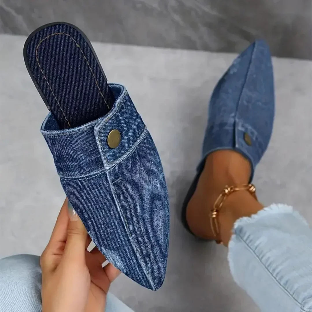 Evropi | Pointed Toe Denim-Style Slip-On Mules