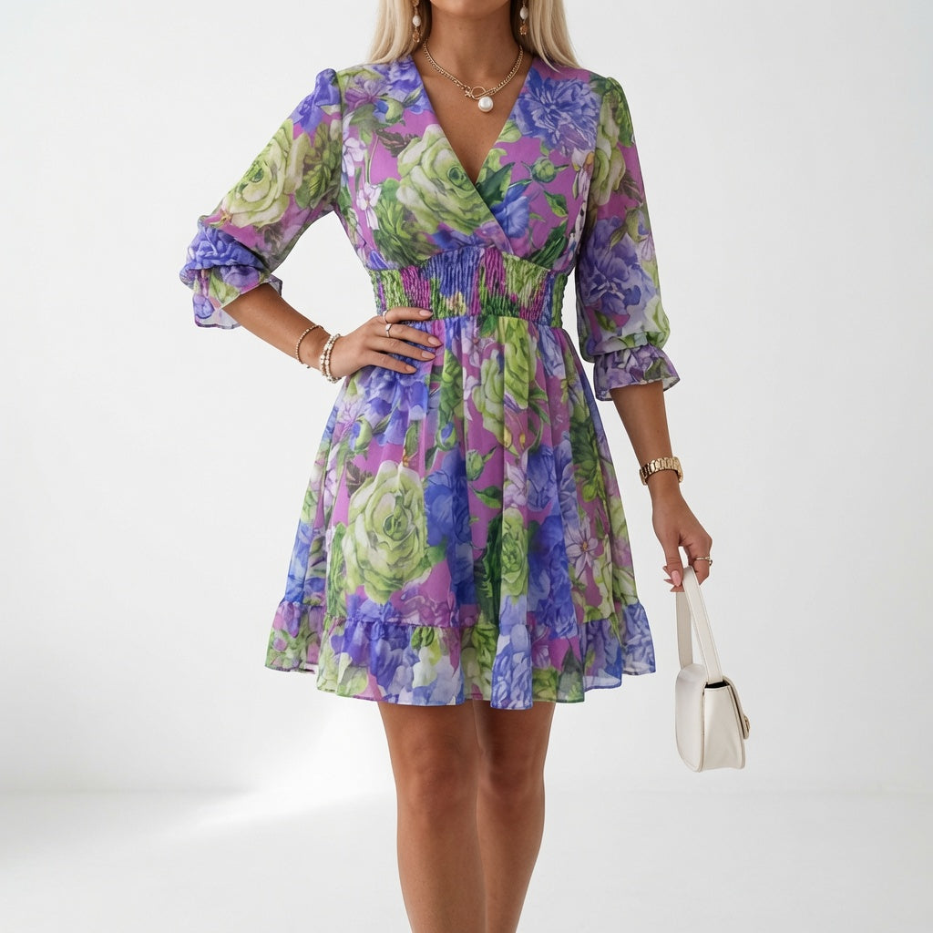 Shilaa | Mini Dress Printed Gathered Waist V Neck