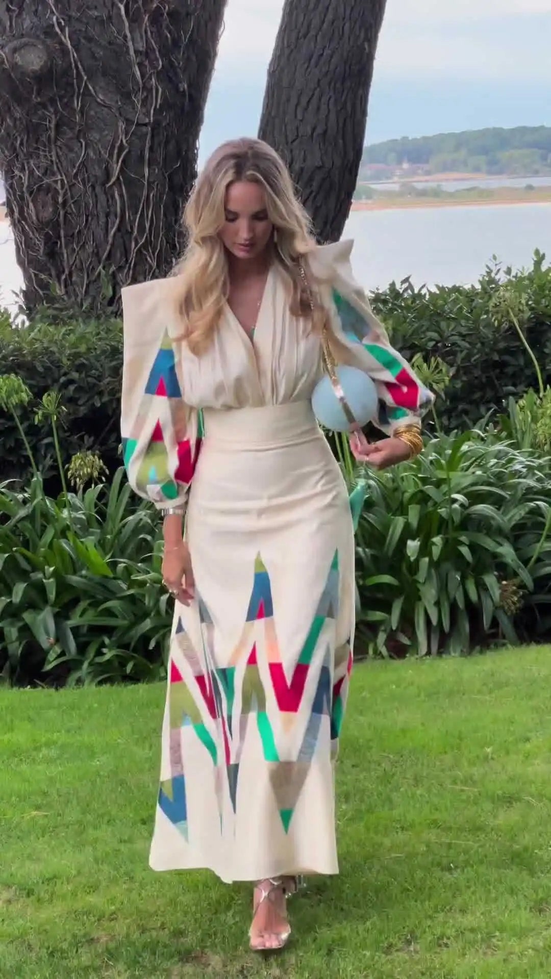 Eleni | Geometric Print Puff Sleeve Maxi Dress