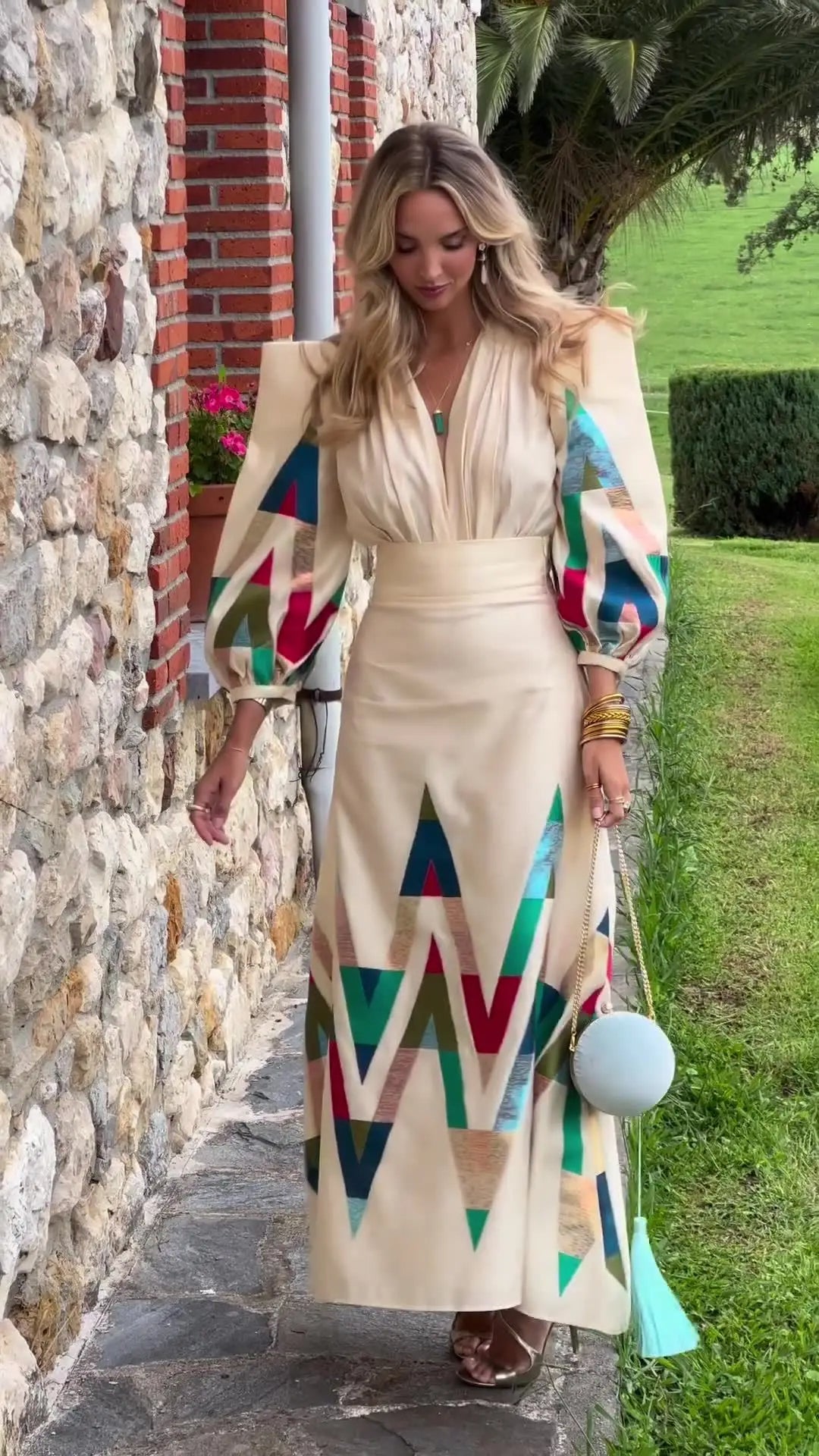 Eleni | Geometric Print Puff Sleeve Maxi Dress