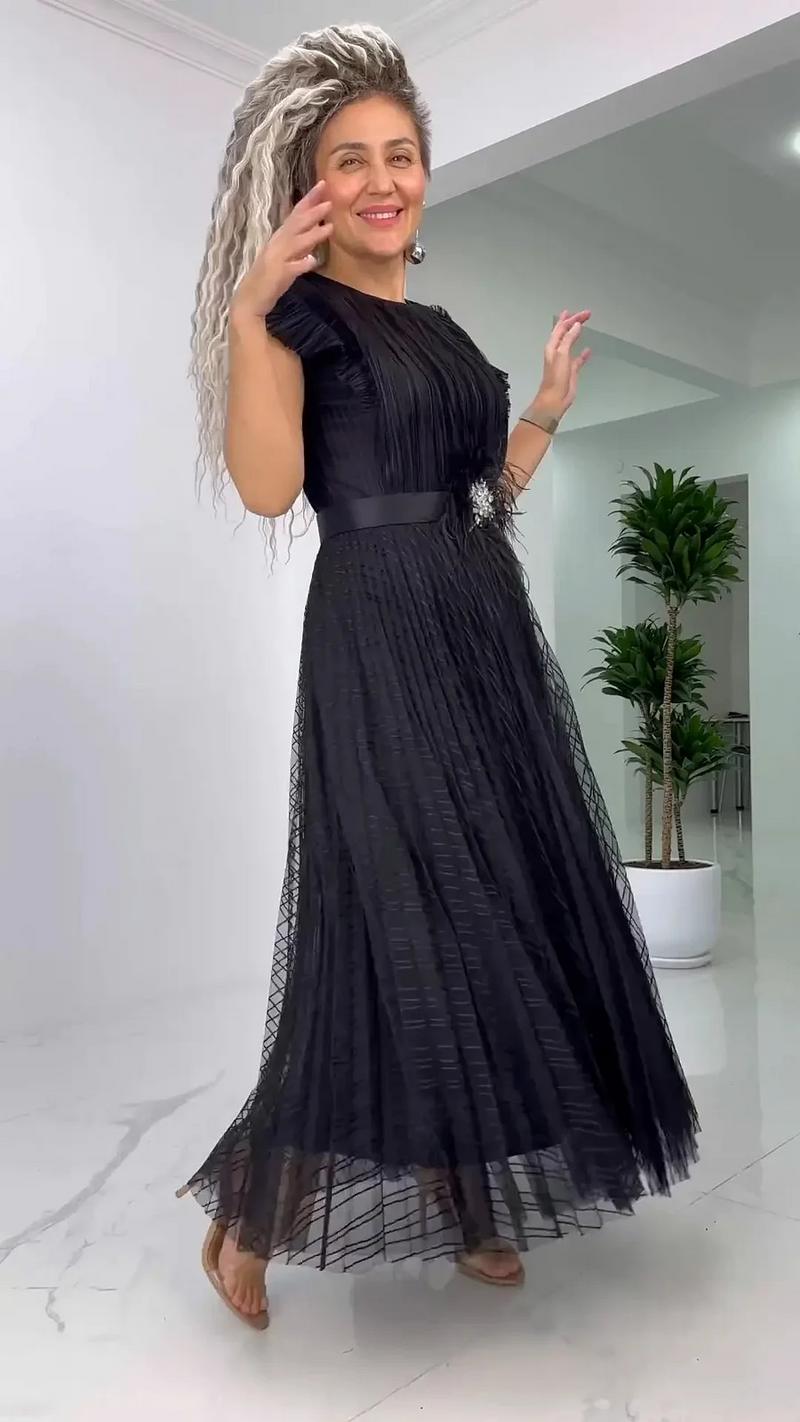 Naysha |  Pleated Mesh Midi Dress with Brooch