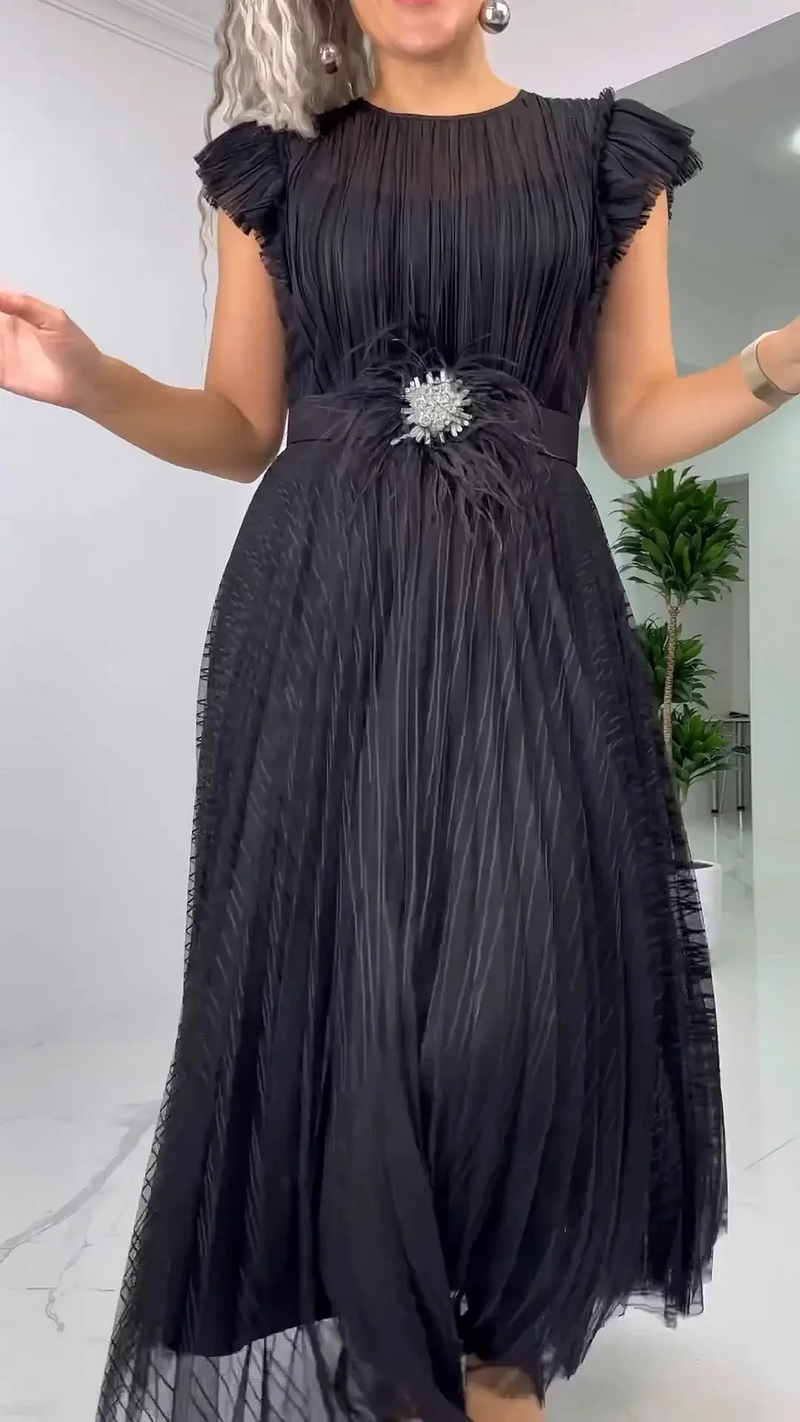Naysha |  Pleated Mesh Midi Dress with Brooch