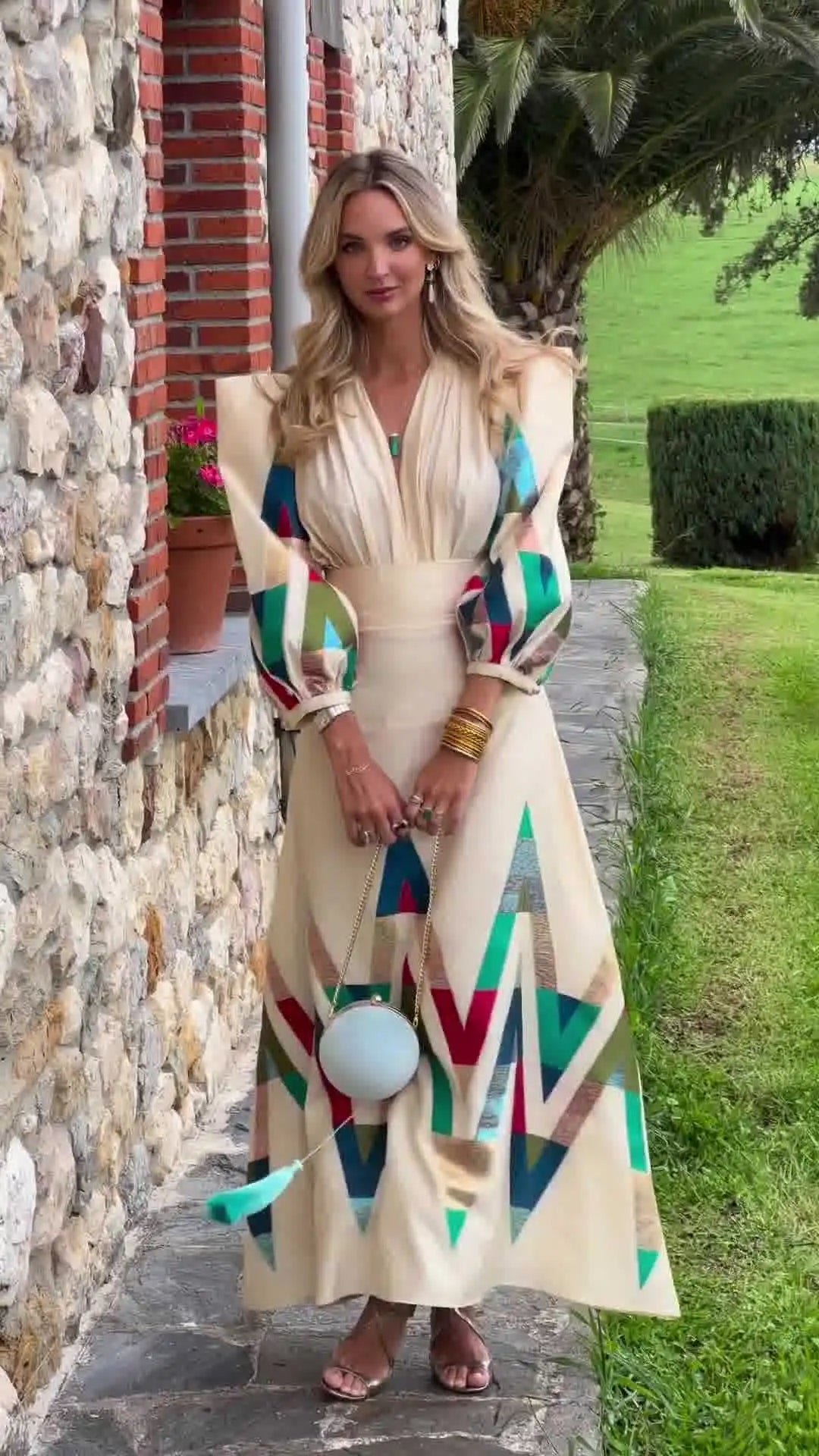 Eleni | Geometric Print Puff Sleeve Maxi Dress