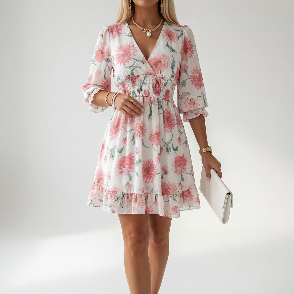 Shilaa | Mini Dress Printed Gathered Waist V Neck