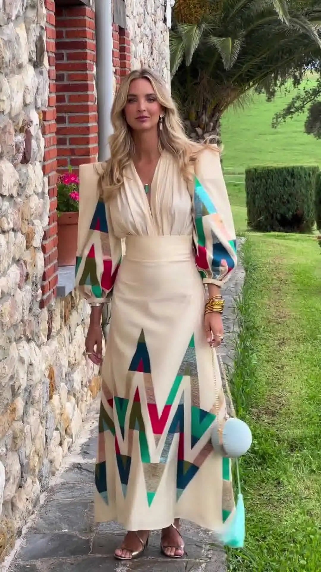 Eleni | Geometric Print Puff Sleeve Maxi Dress