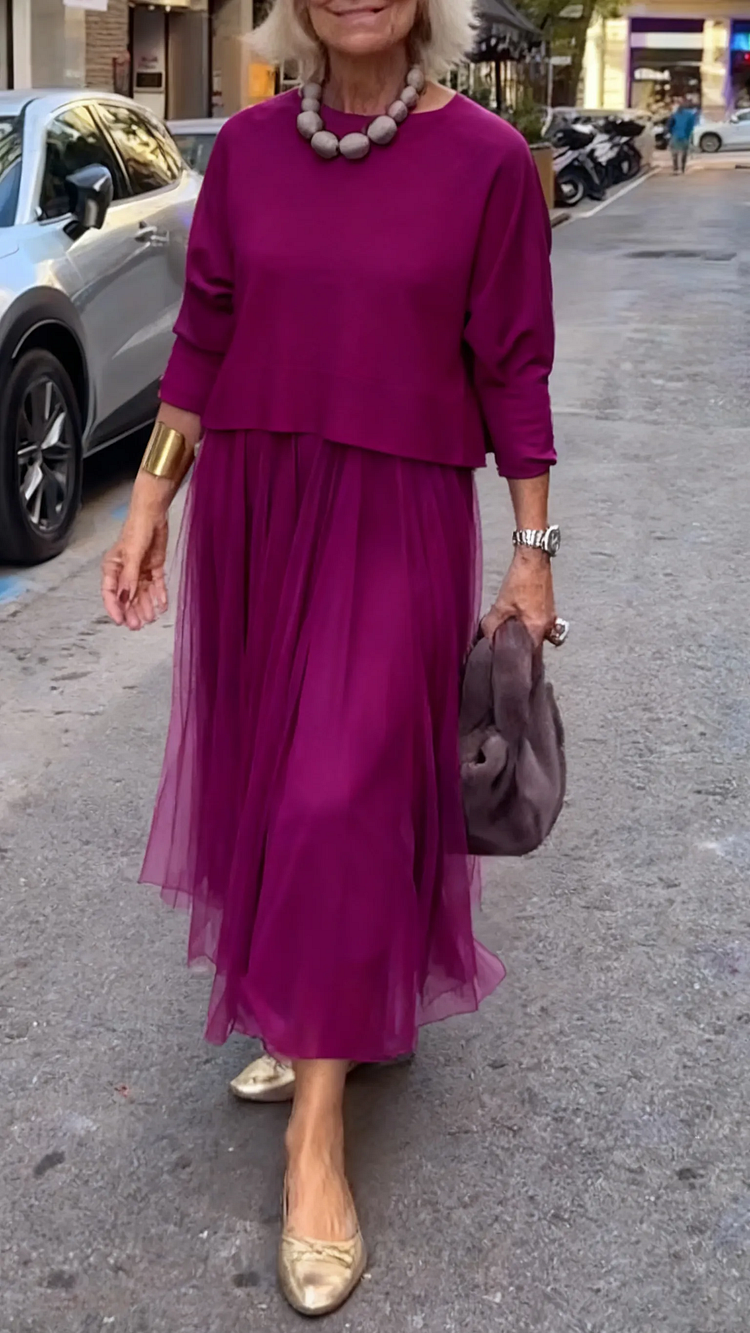 Efrata | Pleated Midi Layered Long Sleeve Dress