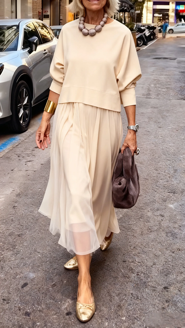 Efrata | Pleated Midi Layered Long Sleeve Dress