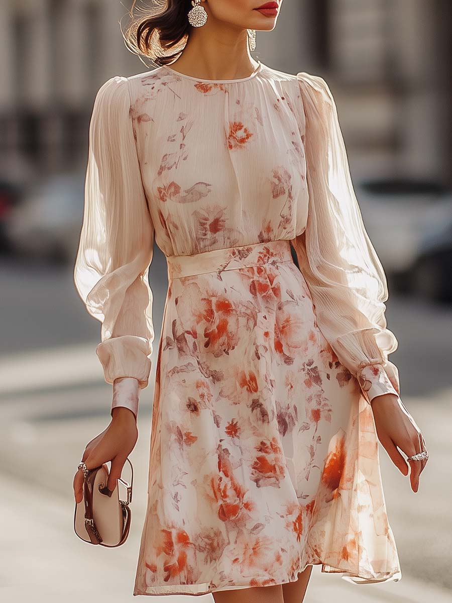 Shiella - Floral Print Pleated Sleeve Midi Dress