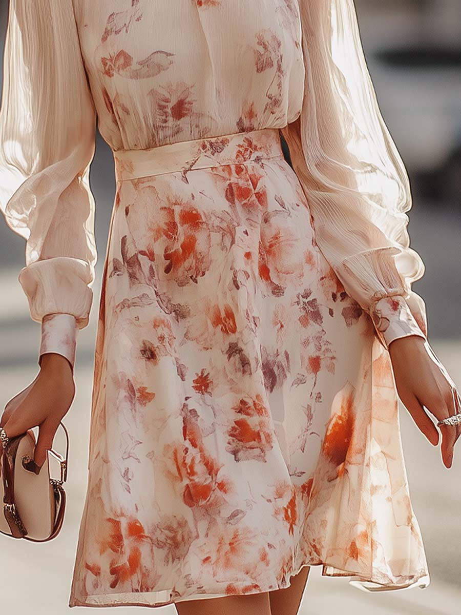 Shiella - Floral Print Pleated Sleeve Midi Dress