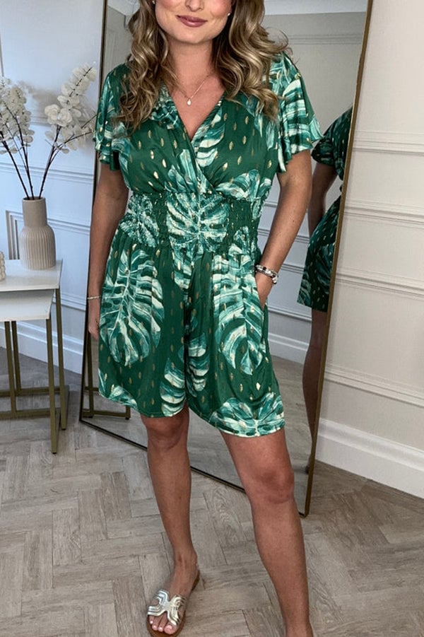 Kajal | Tropical Print Smocked Waist Mini Dress