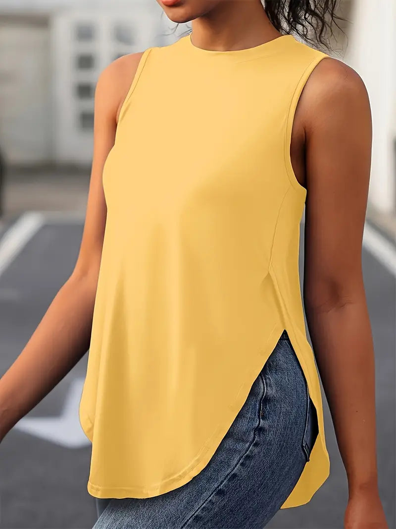 Desirae | Sleeveless Round Neck Curved Hem Top