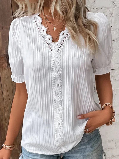 Madelen | V Neck Lace Trim Pleated Blouse