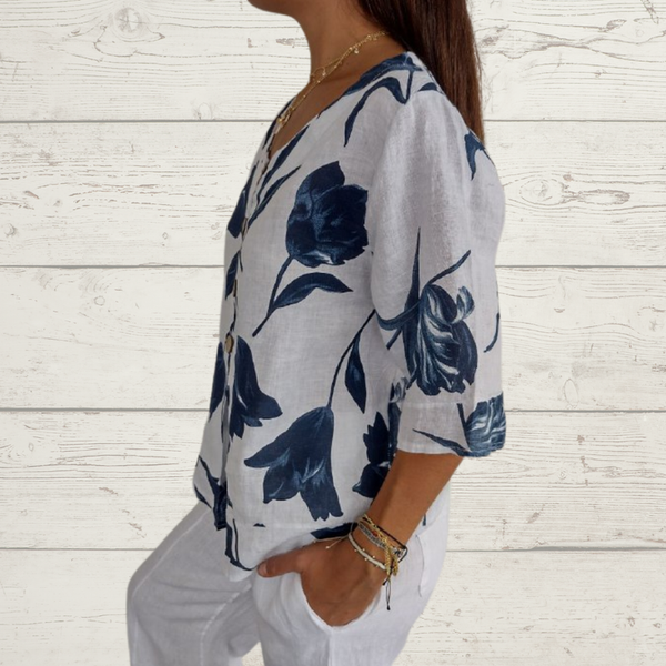 Despoina | Floral Linen V-Neck Button Blouse