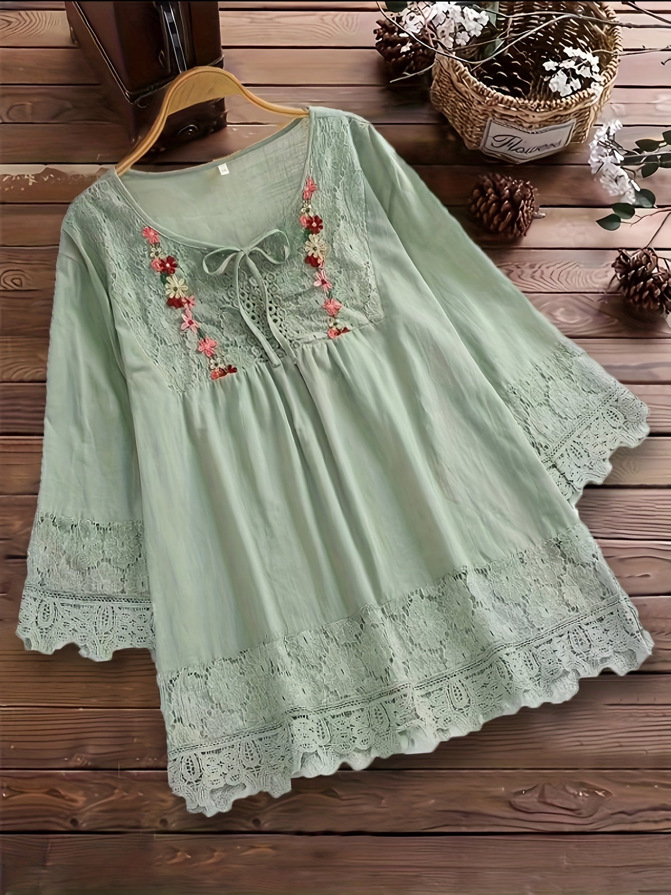 Esmeralda | Lace Trim Embroidered Tie Neck Blouse
