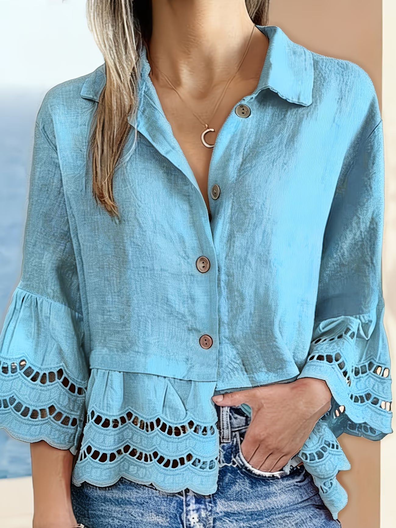 Solenn | Long Sleeve Lace Trim Button Blouse
