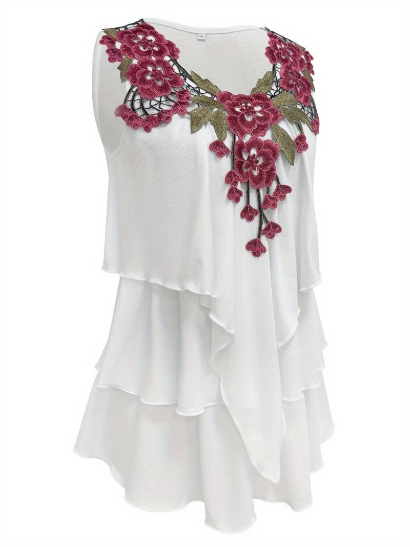 Verunka | Floral Trim V Neck Ruffle Blouse