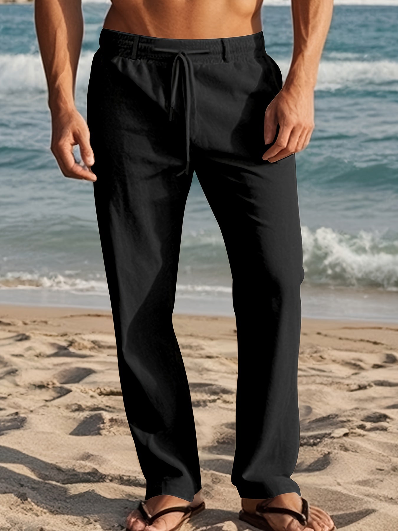 Erikas | Linen-Style Drawstring Straight Leg Casual Trousers