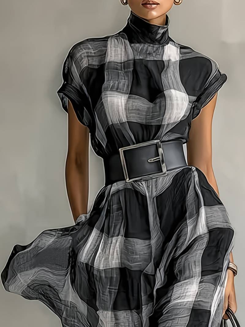 Nethara | High Neck Checked Belted Maxi Dress