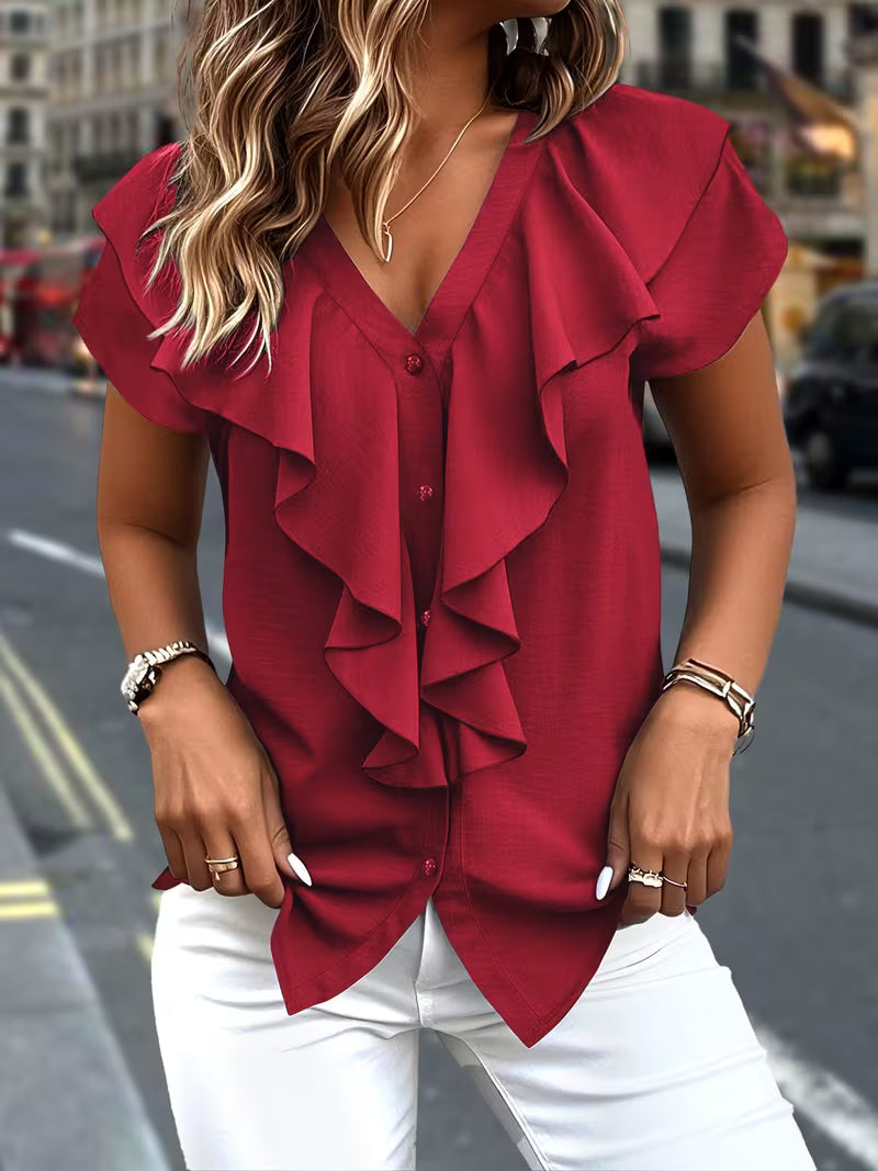 Salma - Ruffle Front V Neck Button Blouse