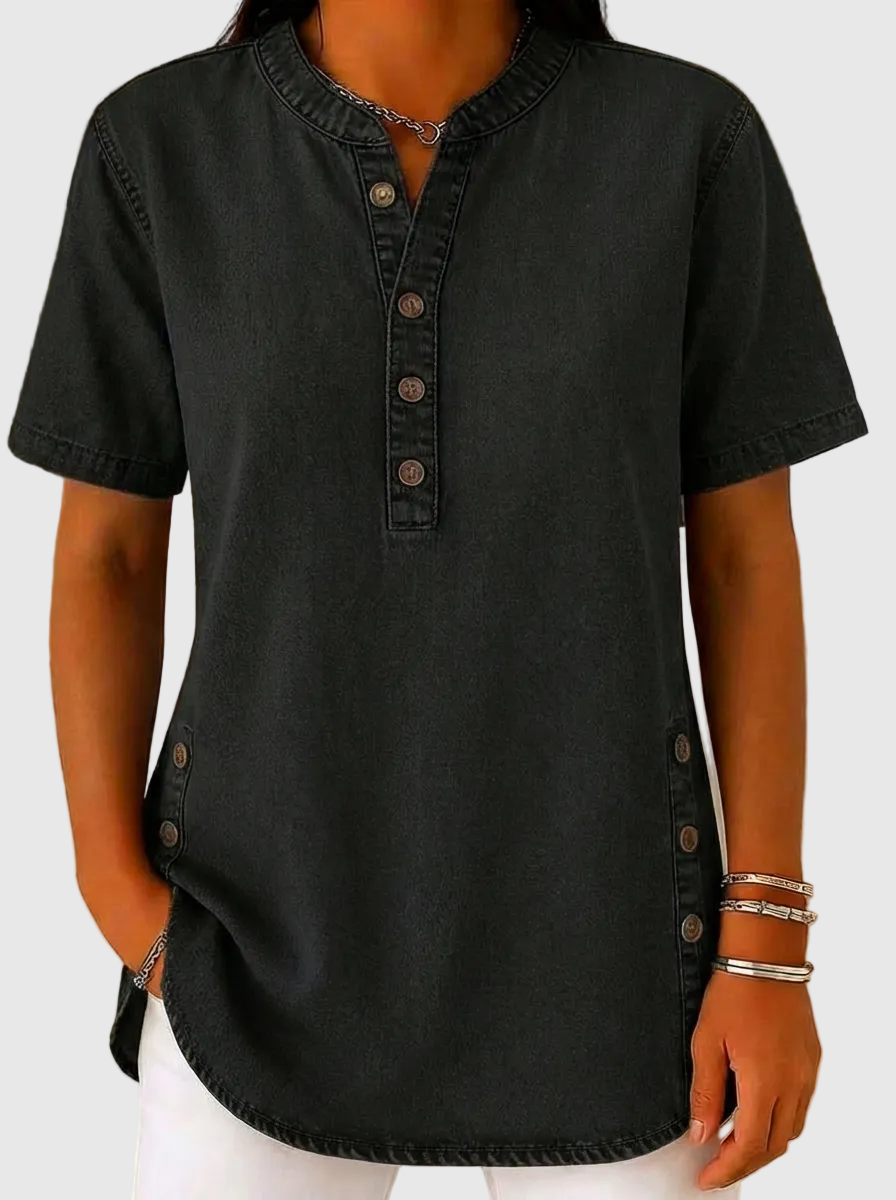 Julina | Denim Henley Short Sleeve Shirt