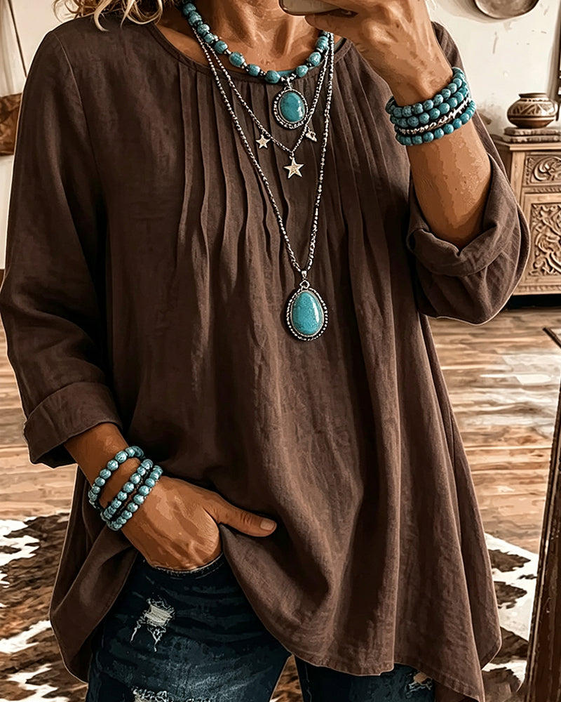 Taireen | Tunic Blouse with Pleated Round Neckline